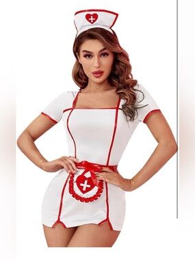 Classic Nurse Costume with Cap and Apron Costume ,Women size Medium